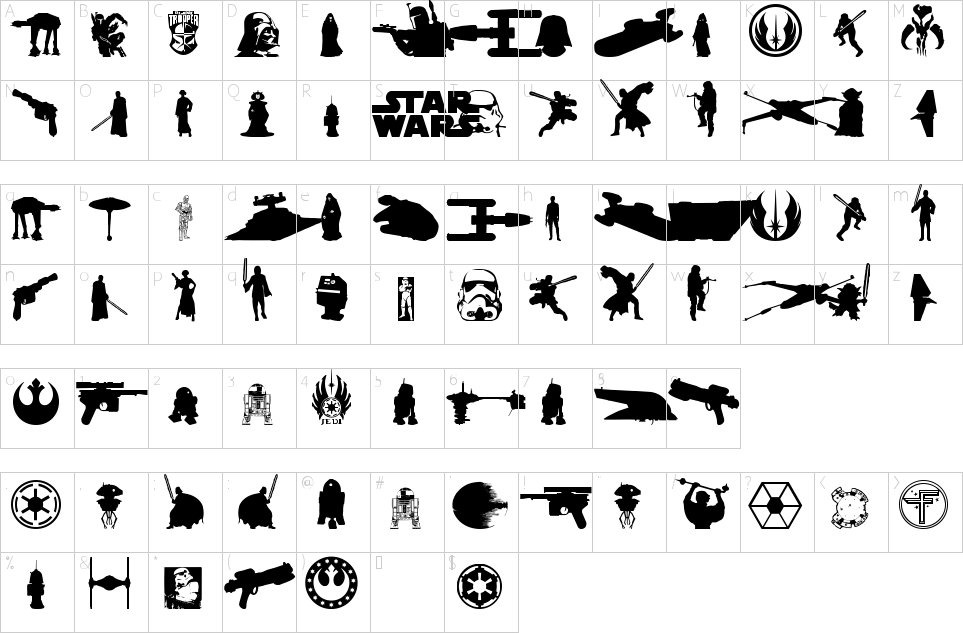Galaxy Far Far Away Font Character Map