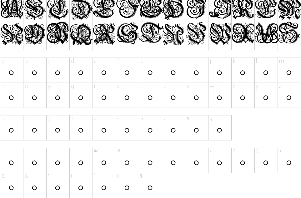 Hentzau Initials Font Character Map
