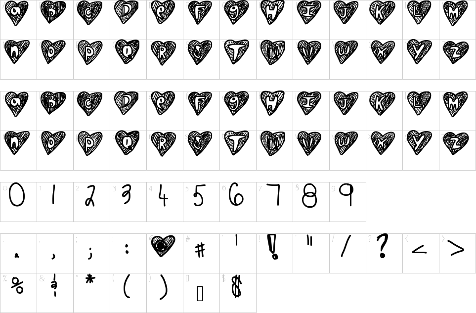Fonte Over Hearts Mapa de caracteres